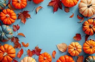 Group of Pumpkins and Leaves on Blue Background photo