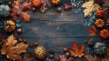 Wooden Table Displayed With Various Autumn Decorations photo