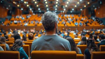 Man Sitting In Front Of Packed Auditorium photo