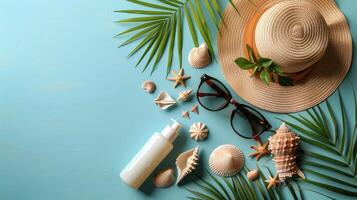 Hat, Sunglasses, and Sunscreen on Blue Background photo