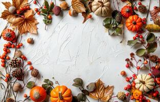 White Surface With Autumn Leaves and Acorns photo