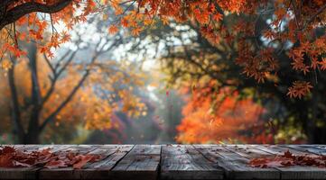 Empty Wooden Table Amid Colorful Forest photo