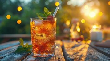Refreshing Glass of Iced Tea on Wooden Table photo