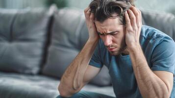 Man Sitting on Couch Holding Head photo