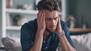 Man Sitting on Couch Holding Head photo