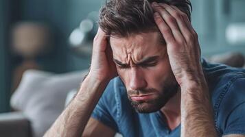 Man Sitting on Couch Holding Head photo