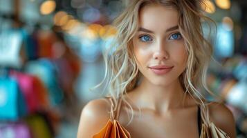 Woman With Glasses and Scarf Holding Shopping Bags photo