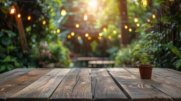 Wooden Table With Sunlight Through Trees photo