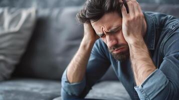 Man Sitting on Couch Holding Head photo