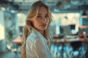 Woman in White Shirt Standing in Office photo