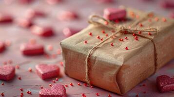 Present Wrapped in Brown Paper Surrounded by Hearts photo