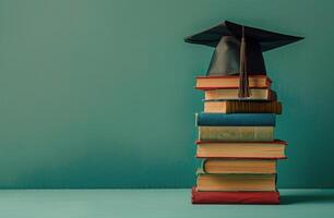 Stack of Books With Graduation Cap photo