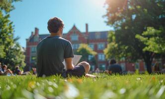 Person Sitting in Grass Reading Book photo