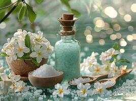 Wooden Table With Bowl of Sea Salt photo
