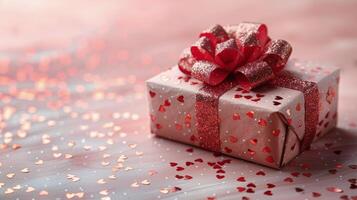 Present Wrapped in Brown Paper Surrounded by Hearts photo