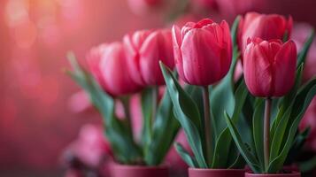 Pink Tulips Aligned Against Pink Wall photo