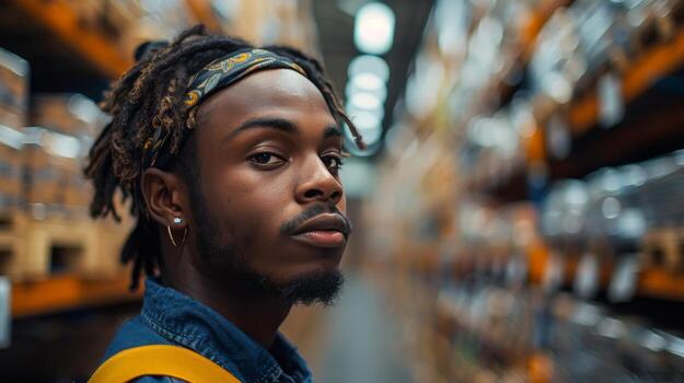 Man in a Hat Standing in a Warehouse photo