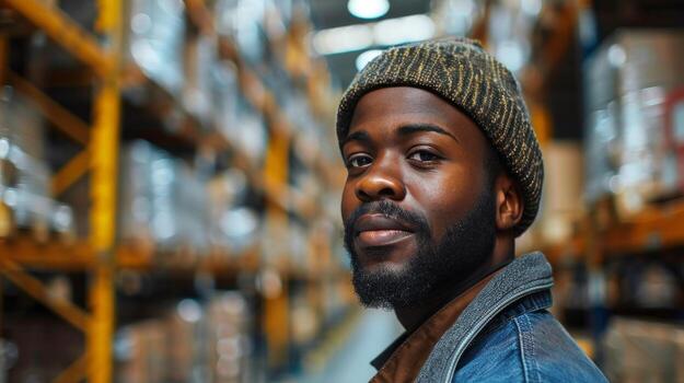 Man in a Hat Standing in a Warehouse photo