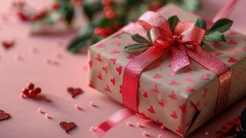 Present Wrapped in Brown Paper Surrounded by Hearts photo