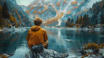 Person Sitting on Rock by Lake photo