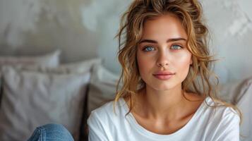 Beautiful Young Woman With Messy Top Knot photo