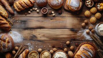 variedad de comidas en de madera mesa foto