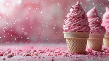 Three Scoops of Ice Cream With Raspberries on Pink Background photo