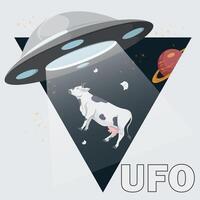 A flat illustration of a UFO abducting a domestic cow against the background of a planet and stars is inscribed in a triangle vector