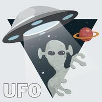 A flat illustration of an alien peeking out of the background in the form of a triangle UFO hovering above vector