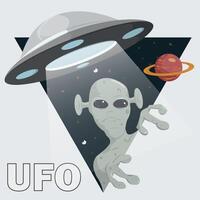 un plano ilustración de un extraterrestre echar un vistazo fuera de el antecedentes en el formar de un triángulo OVNI flotando encima vector