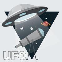 A flat illustration of a UFO stealing a telescope for observation is inscribed in a triangle vector