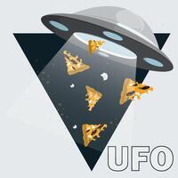 A flat illustration of a UFO stealing pizza slices is inscribed in a triangle vector