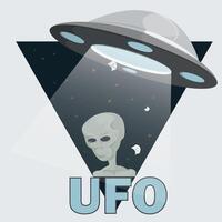 Flat illustration of an alien on the background of a UFO flying saucer the drawing is inscribed in a triangle vector