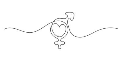 One solid line gender symbol on white background. One line with masculine and feminine signs. minimalist graphics vector