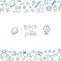 Back to school square text frame in doodle style. Hand drawn set of doodle book elements, education symbols. Framework for social networks. Invitation to a meeting. Office doodles vector