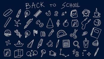 Set of doodle elements back to school. White student stationery on a dark background. graphics vector