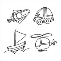 Set of doodle transport in doodle style drawn by a child. graphics of rocket, car, boat, helicopter coloring pages. Children's style to the book. graphics vector