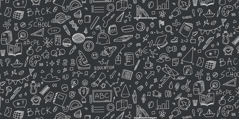 Back to school doodle pattern on dark background. graphics with school elements. Pattern for notebooks, textiles and paper. Education concept.