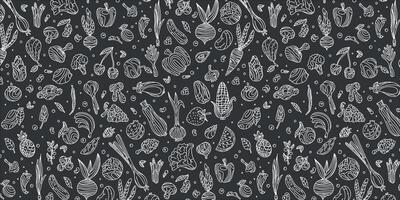 Vegetables and fruits. Seamless hand drawn doodle pattern on dark background. Illustration for background, card, poster, banner, textile print, cover, web design. Eat healthy. icons. vector