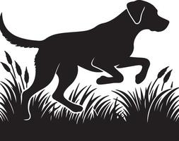 perro en el césped, naturaleza negro color silueta vector