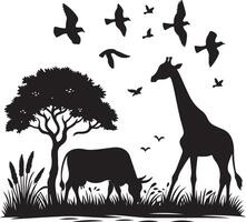 natural animal cow is grazing on the grass. black color silhouette vector