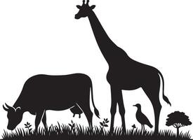 natural animal cow is grazing on the grass. black color silhouette vector