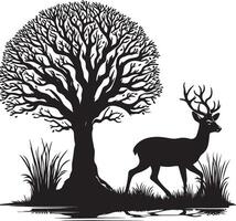 A deer is standing on grass, black color silhouette vector