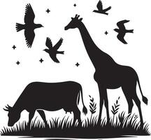 natural animal cow is grazing on the grass. black color silhouette vector