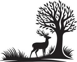 A deer is standing on grass, black color silhouette vector
