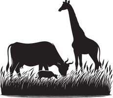 natural animal cow is grazing on the grass. black color silhouette vector