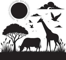 natural animal cow is grazing on the grass. black color silhouette vector