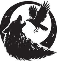 Howling Wolf Crow Moon Animal, black color silhouette vector