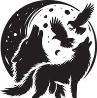 Howling Wolf Crow Moon Animal, black color silhouette vector