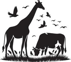 natural animal cow is grazing on the grass. black color silhouette vector